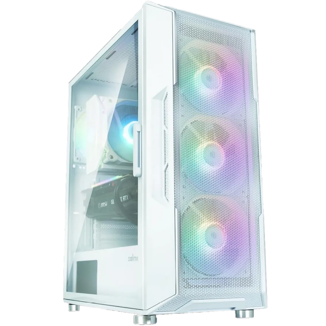 Bản dựng 3D trong suốt của vỏ case PC Zalman i3 Neo màu trắng với quạt RGB, thể hiện thiết kế hiện đại và khả năng tản nhiệt tốt.