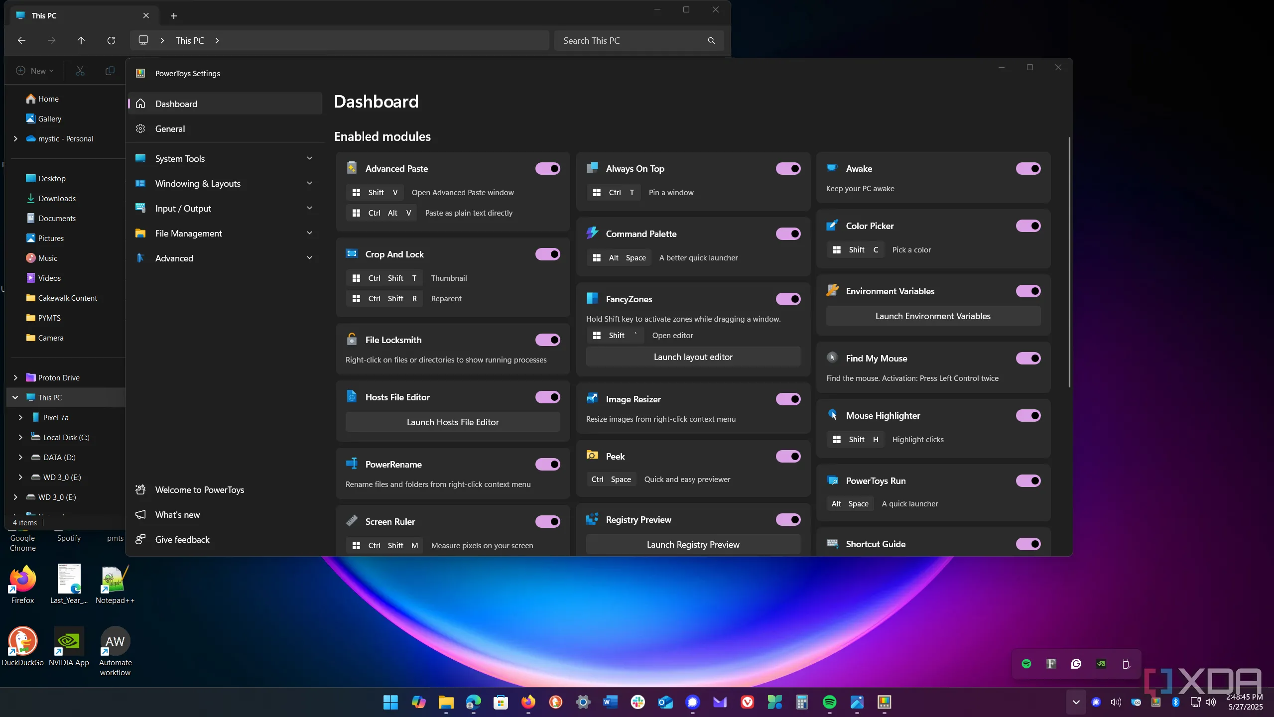 Bảng điều khiển chính của PowerToys trên Windows 11, nơi quản lý và kích hoạt các tiện ích.