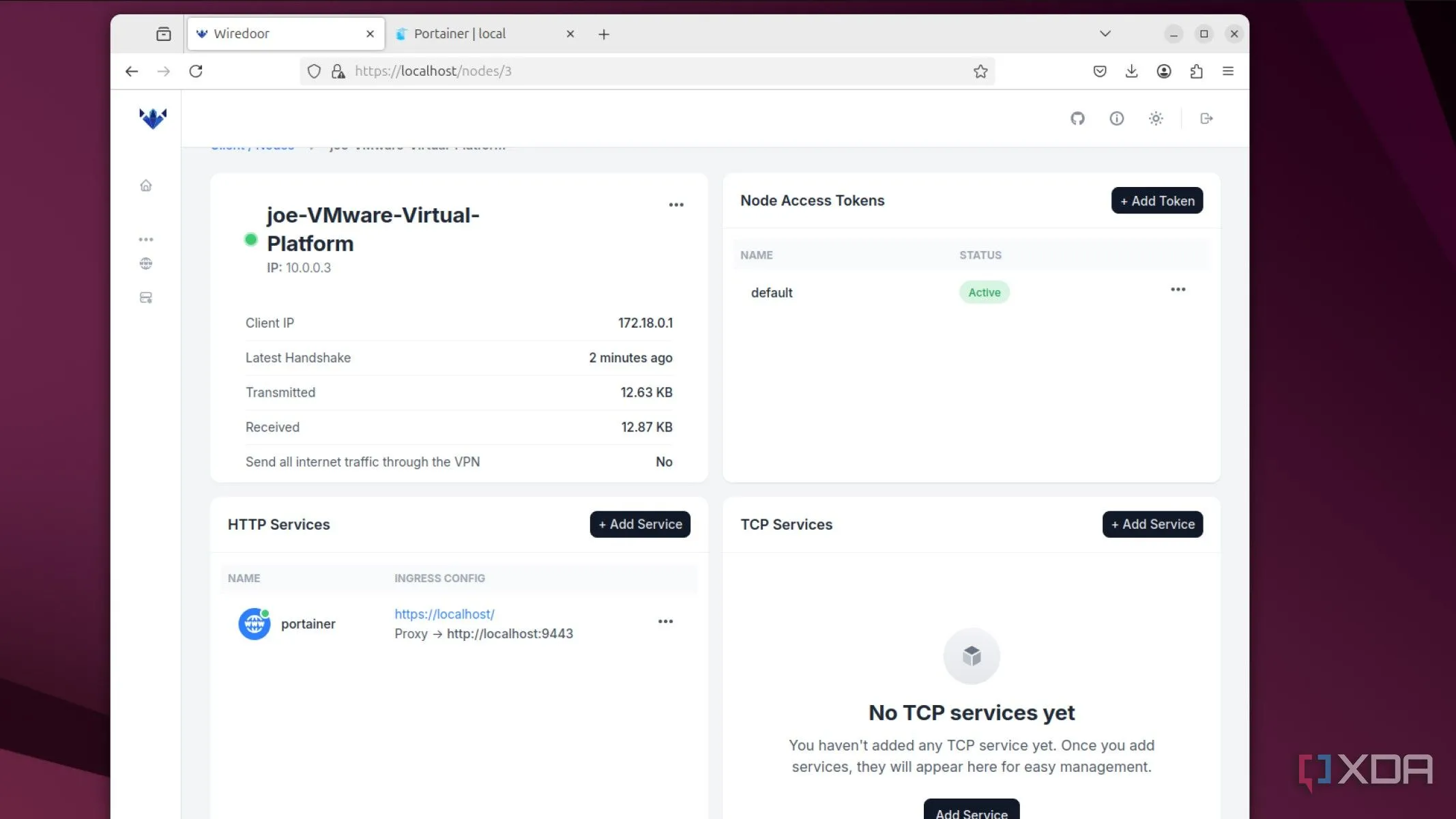 Bảng điều khiển (dashboard) Wiredoor hiển thị tổng quan các dịch vụ và node đang hoạt động trong homelab