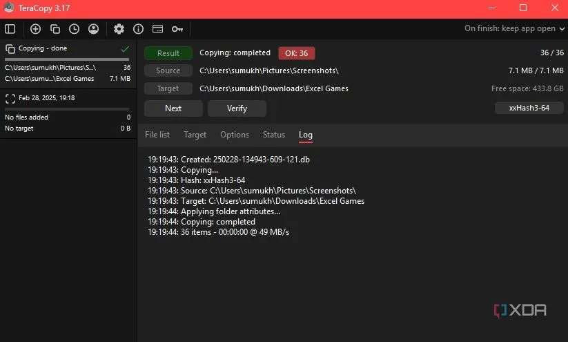 Bảng ghi nhật ký sao chép của TeraCopy, liệt kê chi tiết các tác vụ chuyển file đã hoàn thành, lỗi phát sinh và file bị bỏ qua.