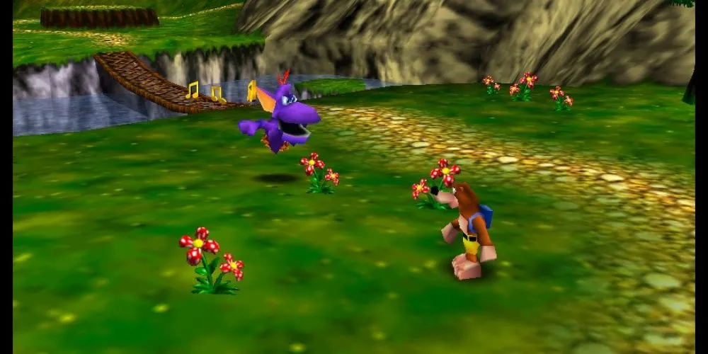 Banjo thư thái bên cạnh một sinh vật màu tím đáng yêu trong khung cảnh cánh đồng rộng lớn của game Banjo-Kazooie.