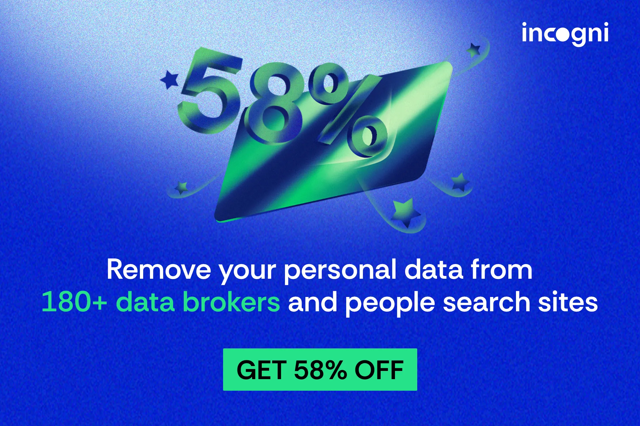 Banner quảng cáo Incogni giảm giá 55%, một dịch vụ giúp bảo vệ dữ liệu sau rò rỉ.
