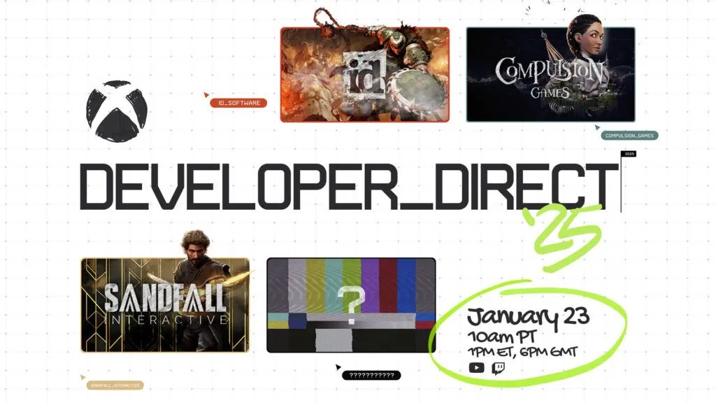 Banner sự kiện Xbox Developer_Direct 2025, giới thiệu ba tựa game sắp ra mắt và ngày diễn ra sự kiện.