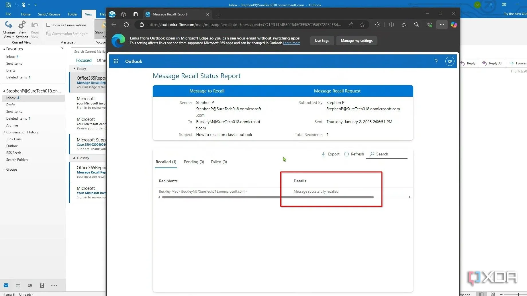 Báo cáo thu hồi email thành công sẽ được gửi đến hộp thư đến của bạn trong Outlook