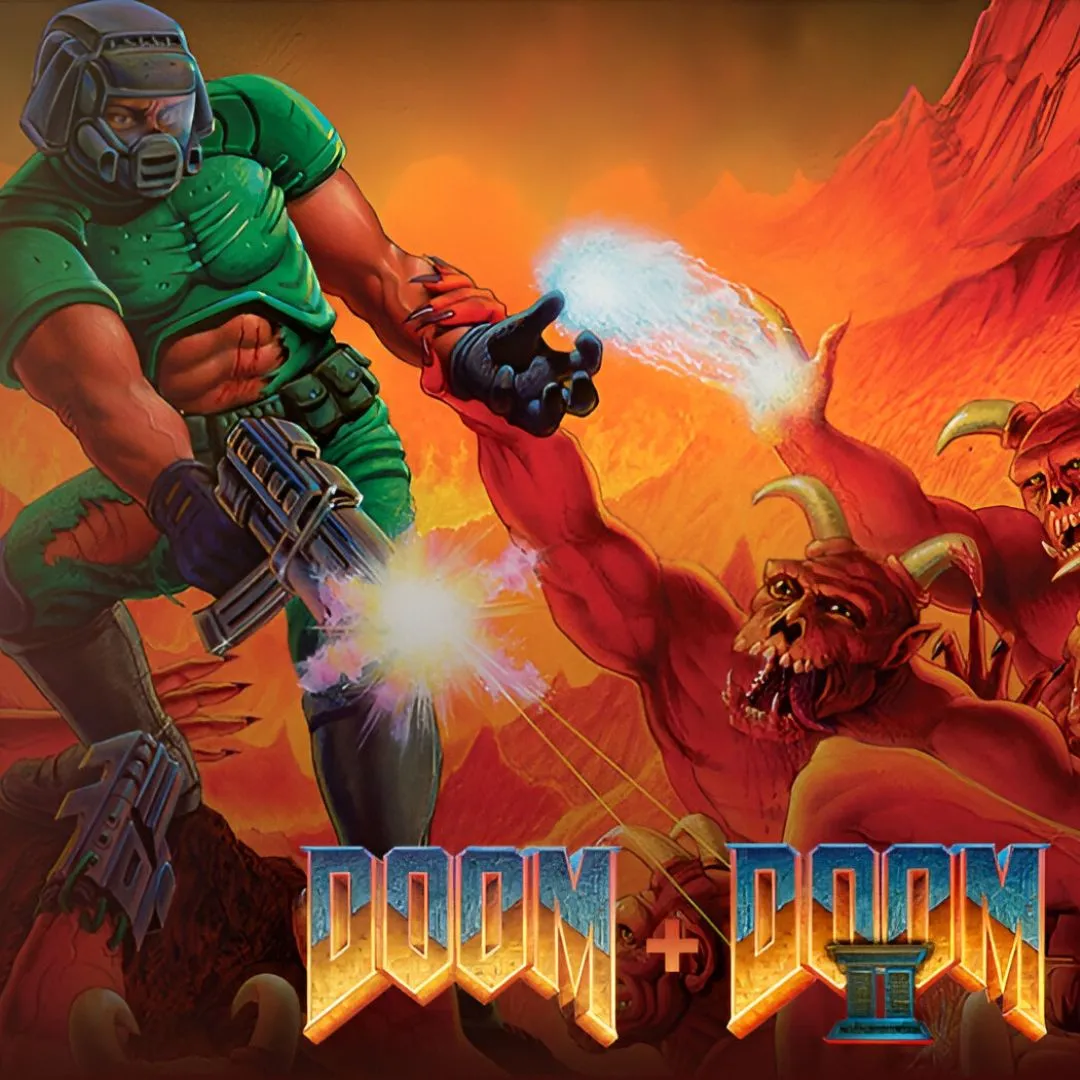 Bìa đĩa game Doom và Doom II cổ điển trên nền đỏ lửa
