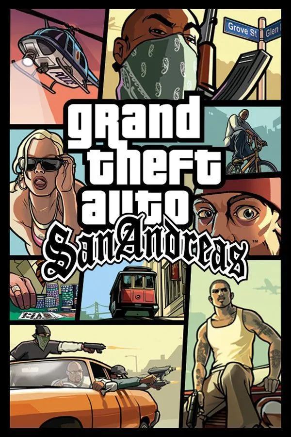 Bìa đĩa game Grand Theft Auto San Andreas với các nhân vật chính và cảnh hành động