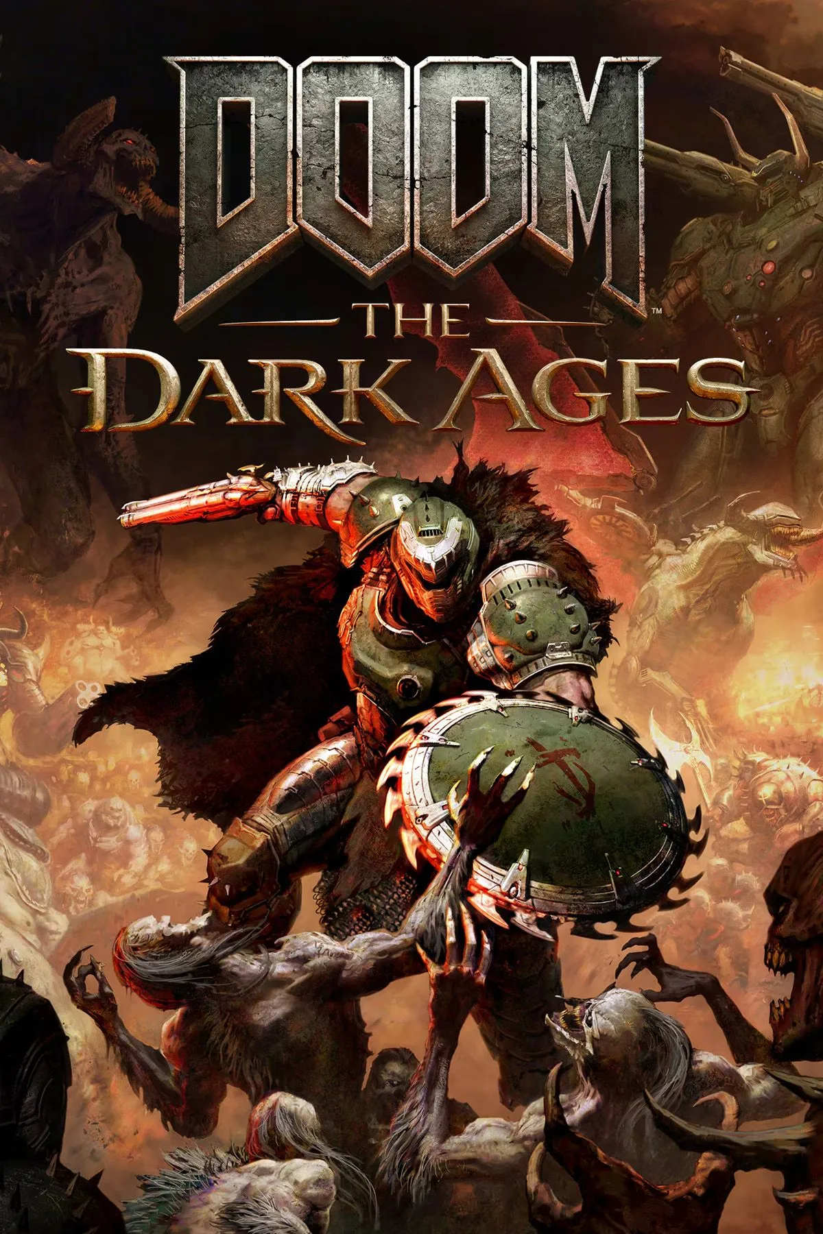 Bìa game DOOM: The Dark Ages với Doom Slayer cầm vũ khí và khiên