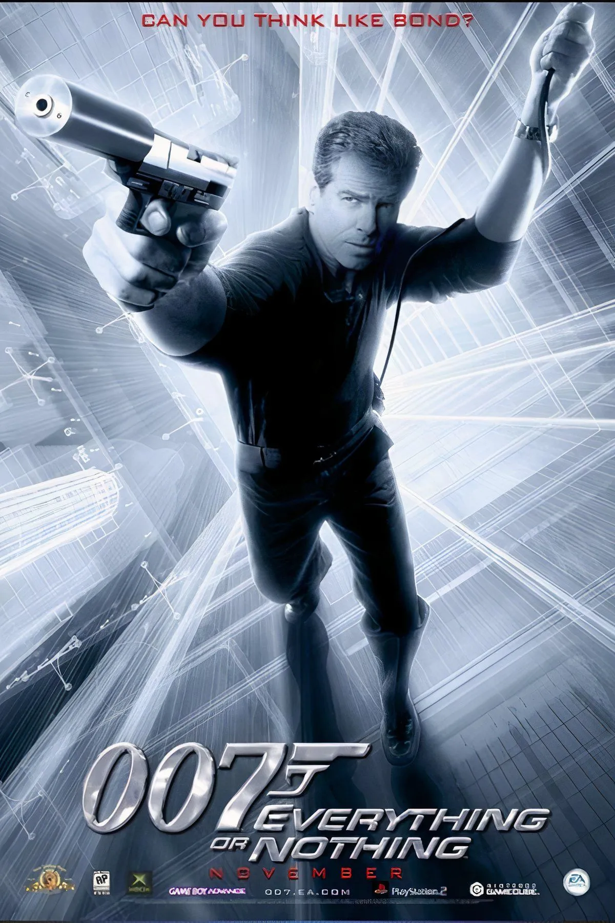 Bìa game James Bond 007: Everything or Nothing, với Pierce Brosnan. Tựa game này được đánh giá là đỉnh cao của series game Bond, thể hiện tiềm năng của PS2 và bài học cho 007 First Light.