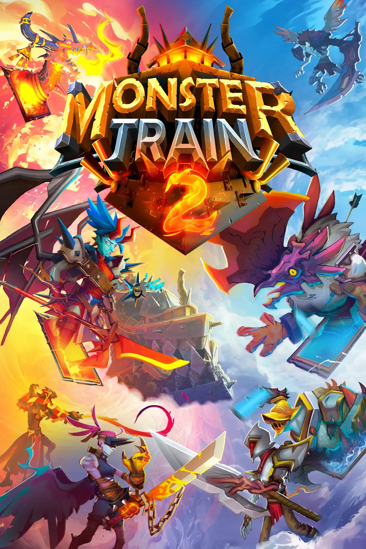 Bìa game Monster Train 2, thể hiện các quái vật và đoàn tàu chiến đấu.