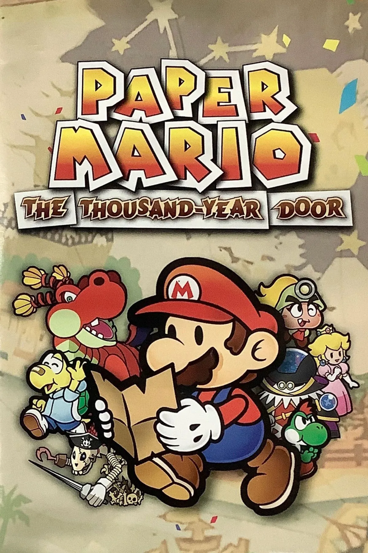 Bìa game Paper Mario: The Thousand-Year Door, thể hiện Mario và đồng đội trong đồ họa giấy đặc trưng của game nhập vai theo lượt trên Nintendo Switch