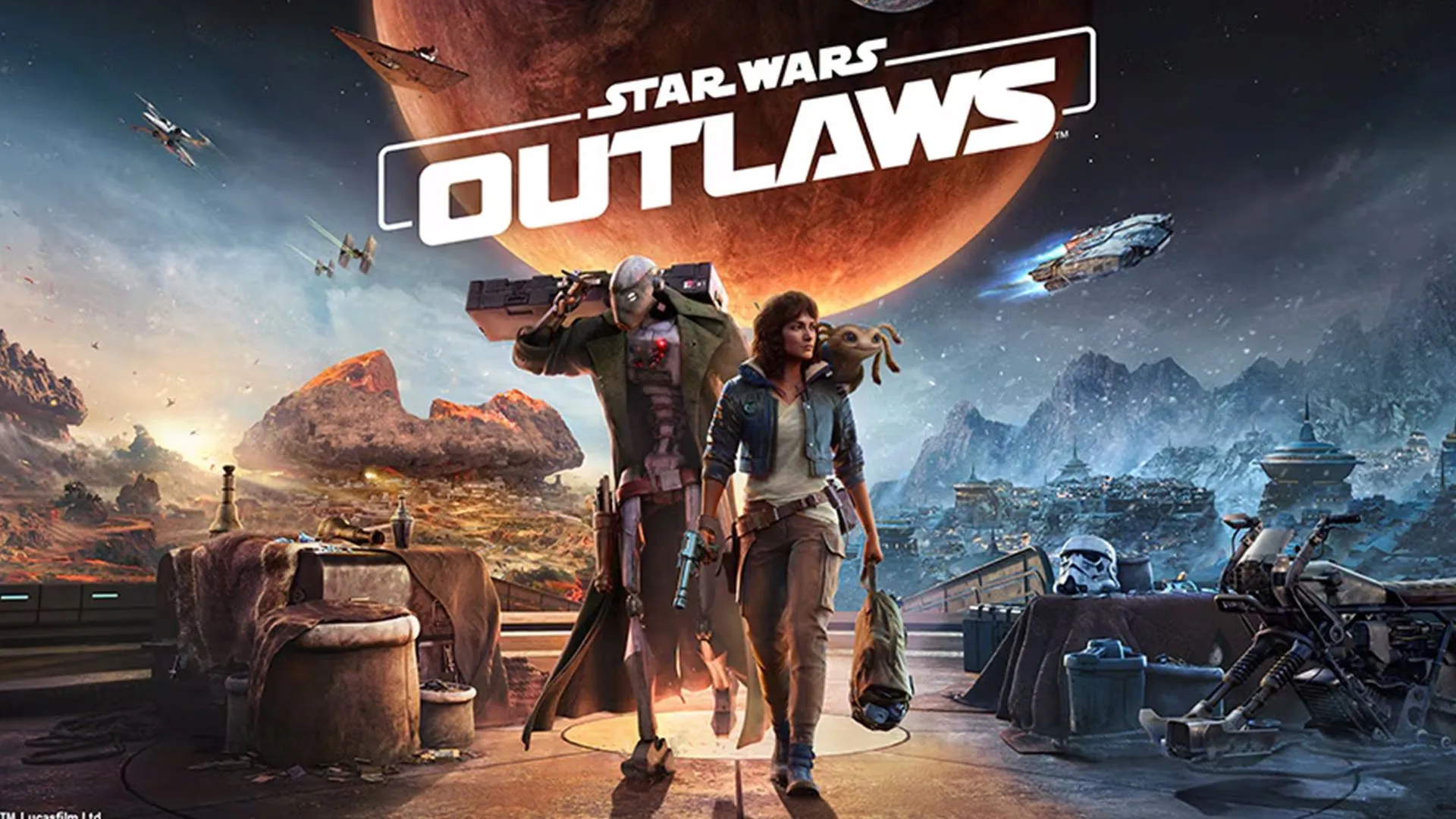 Bìa game Star Wars Outlaws với nhân vật chính Kay Vess và Nyx trong bối cảnh vũ trụ viễn tưởng