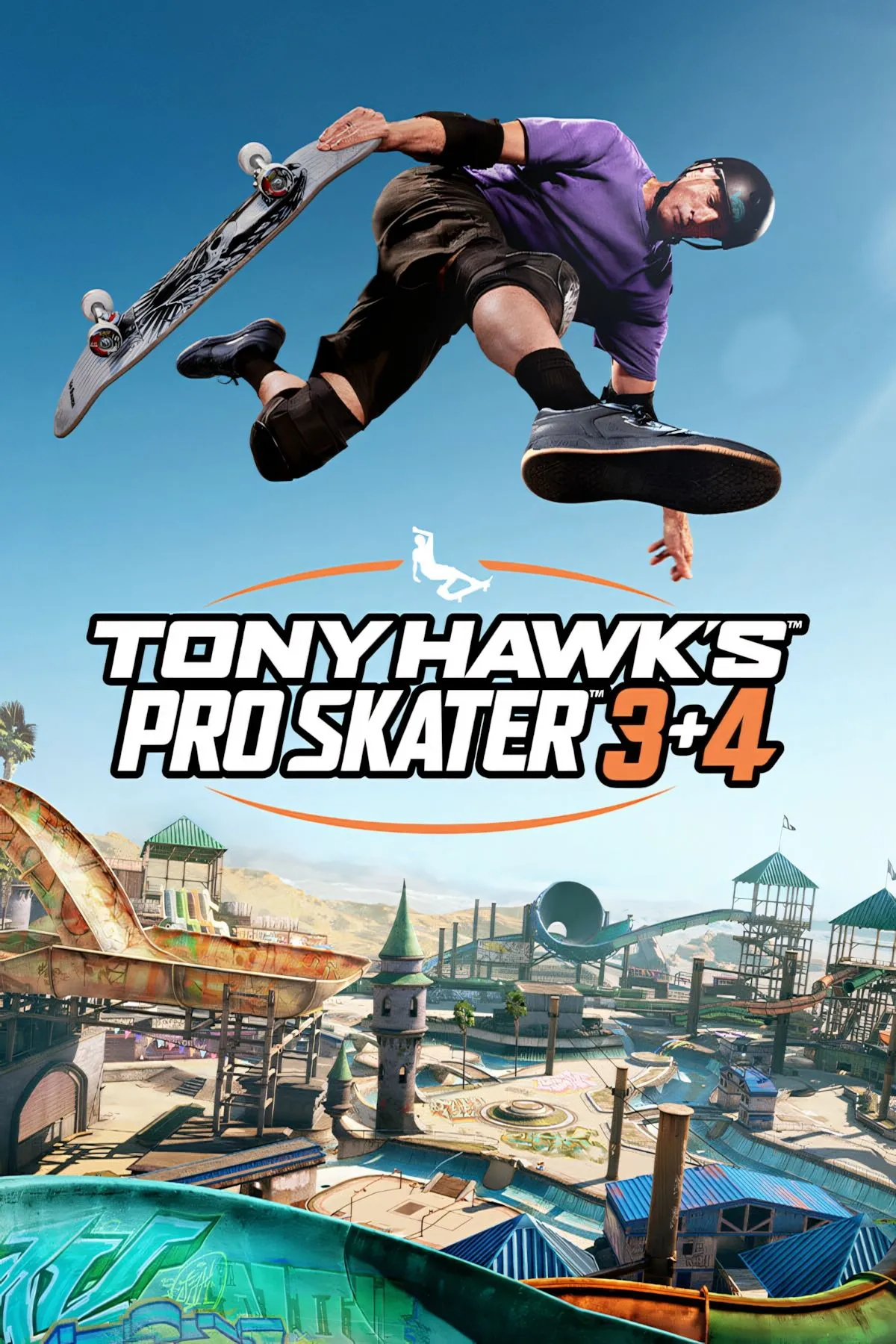 Bìa game Tony Hawk's Pro Skater 3+4 với hình ảnh người trượt ván đang thực hiện cú trick trên không.