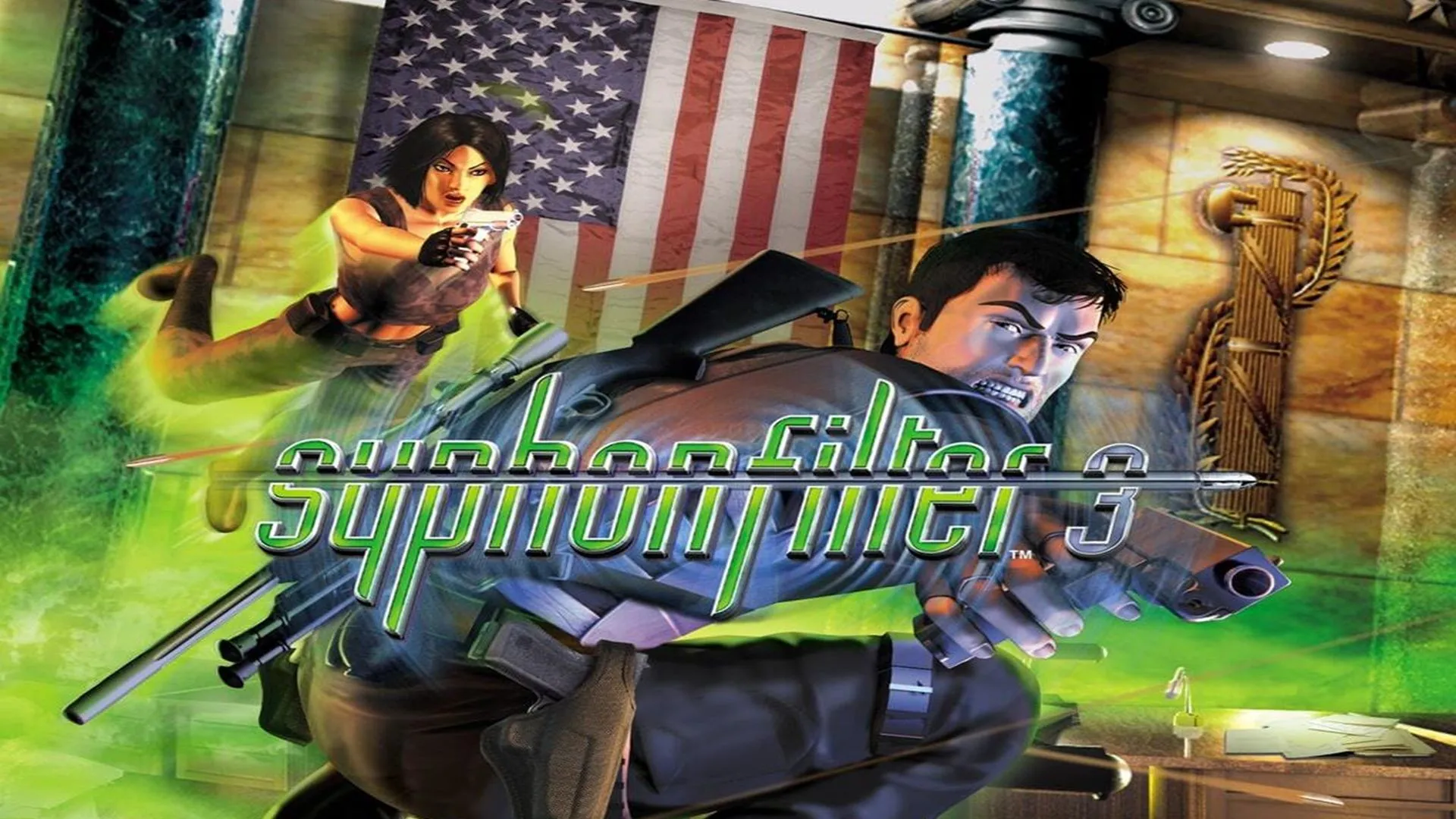 Bìa hộp gốc của Syphon Filter 3 trên PlayStation 1, với hình ảnh tòa tháp đôi World Trade Center, phiên bản bị thu hồi sau sự kiện 11/9.