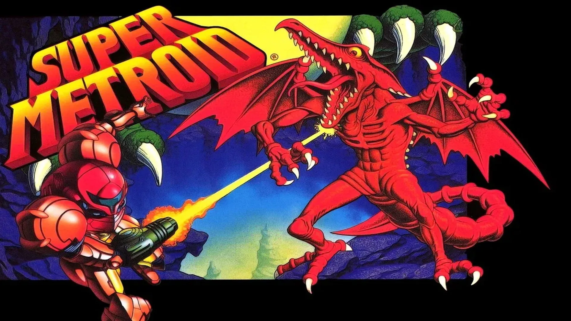 Bìa hộp sắc nét của Super Metroid trên hệ máy Super Nintendo, với hình ảnh Samus Aran và không khí bí ẩn.