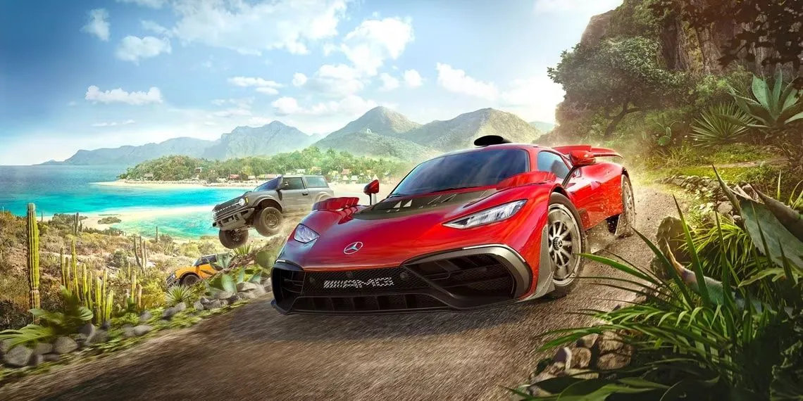Bìa nghệ thuật chính thức của Forza Horizon 5 với các siêu xe nổi bật