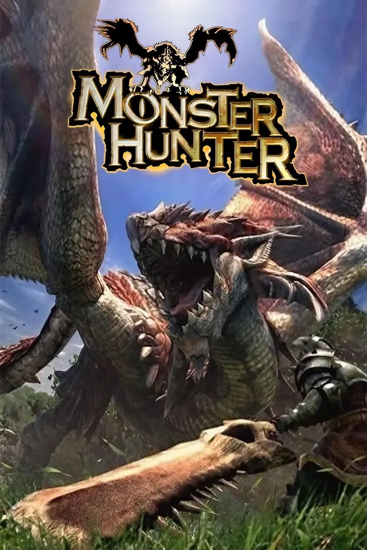 Bìa nghệ thuật của tựa game Monster Hunter đầu tiên, với một thợ săn đối mặt với quái vật