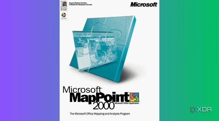 Bìa sản phẩm Microsoft MapPoint với hình ảnh bản đồ và các điểm định vị