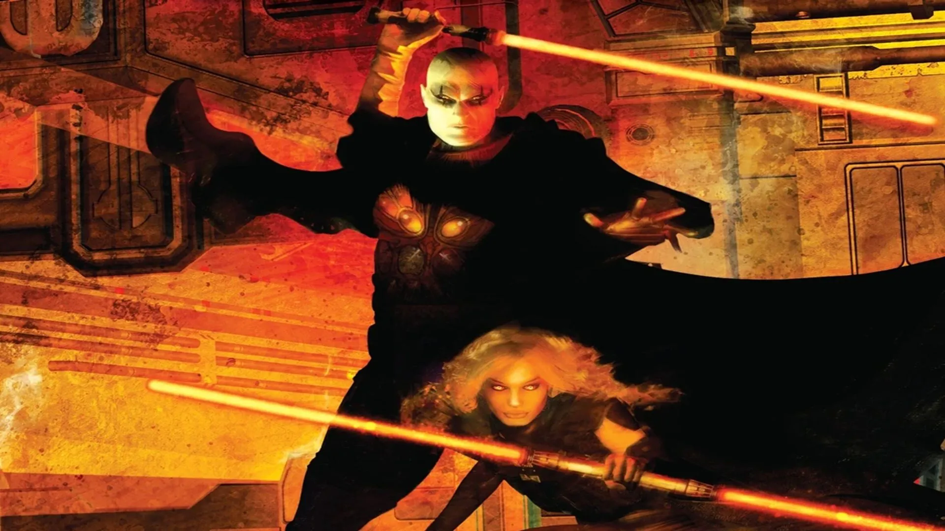 Bìa tiểu thuyết Star Wars Darth Bane: Rule of Two, minh họa Chúa tể Sith Darth Bane và học trò Zannah.