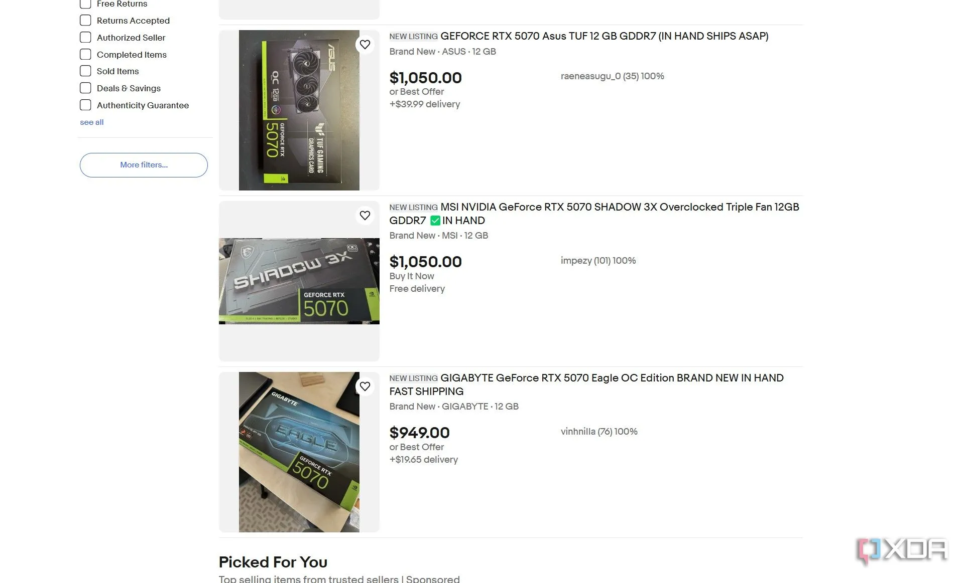 Biểu đồ giá bán của Nvidia RTX 5070 trên eBay cho thấy mức giá bị đội lên cao.