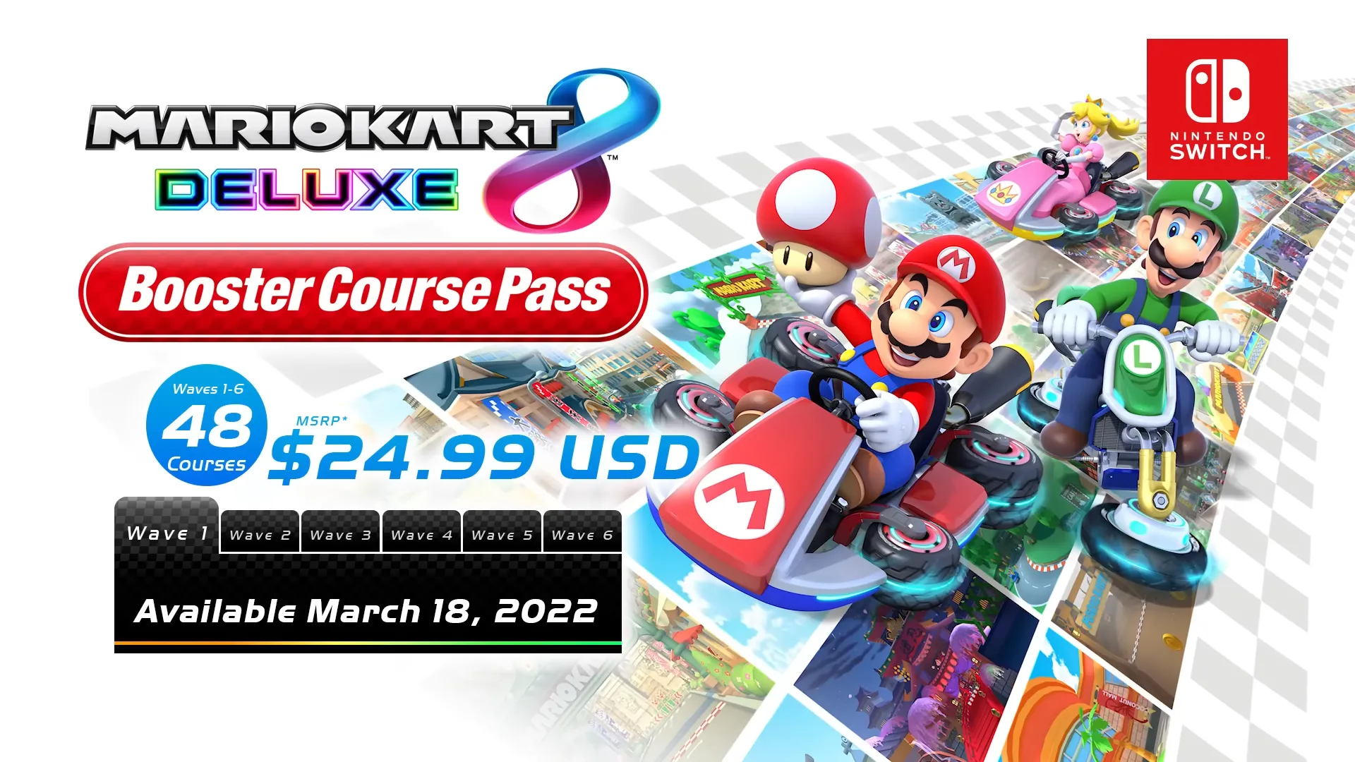 Biểu đồ thông tin hiển thị nội dung của gói Booster Course Pass DLC cho Mario Kart 8 Deluxe, minh họa sự hỗ trợ dài hạn