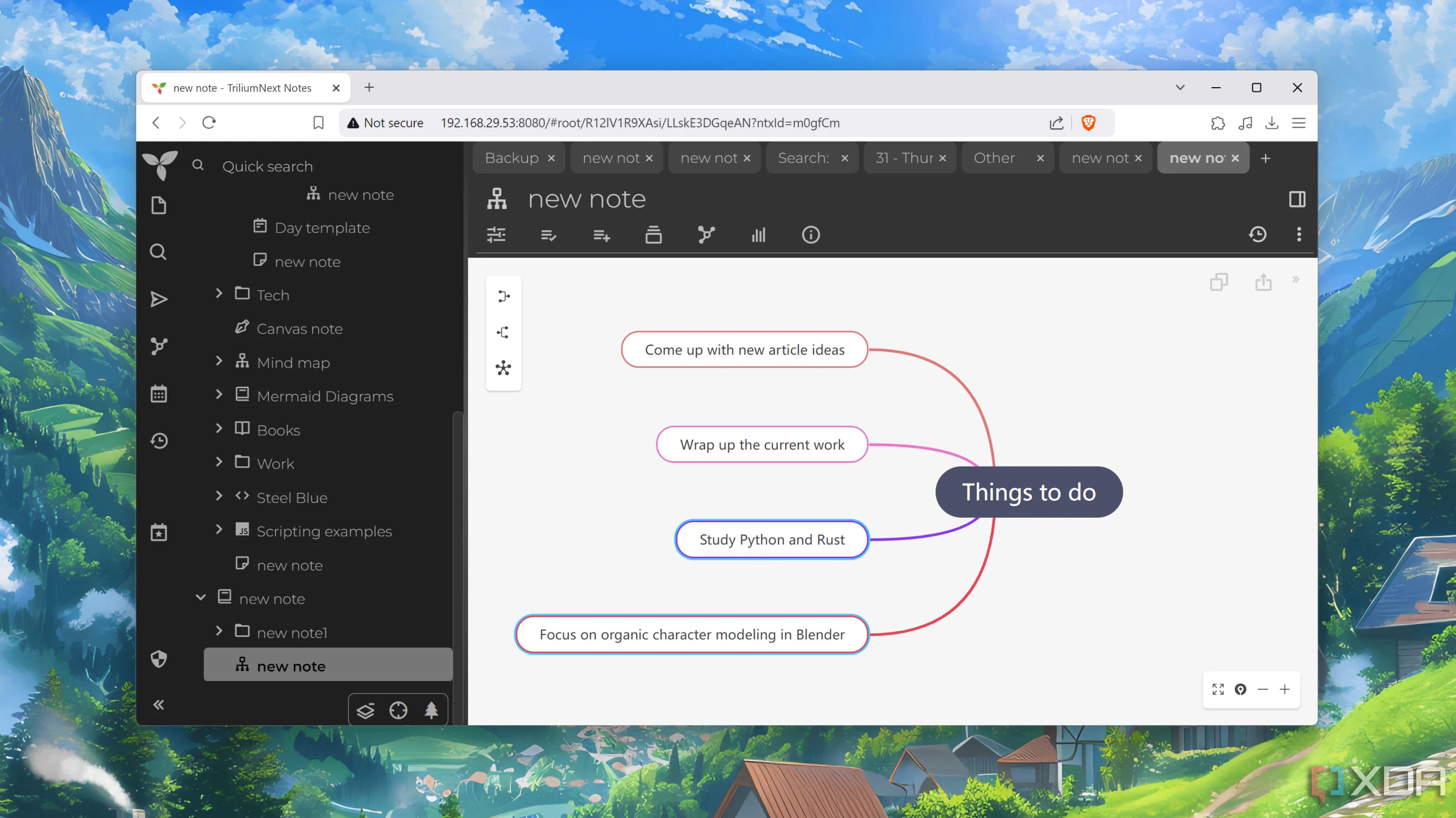 Biểu đồ tư duy (mind map) trong giao diện TriliumNext Notes, minh họa khả năng quản lý tri thức.