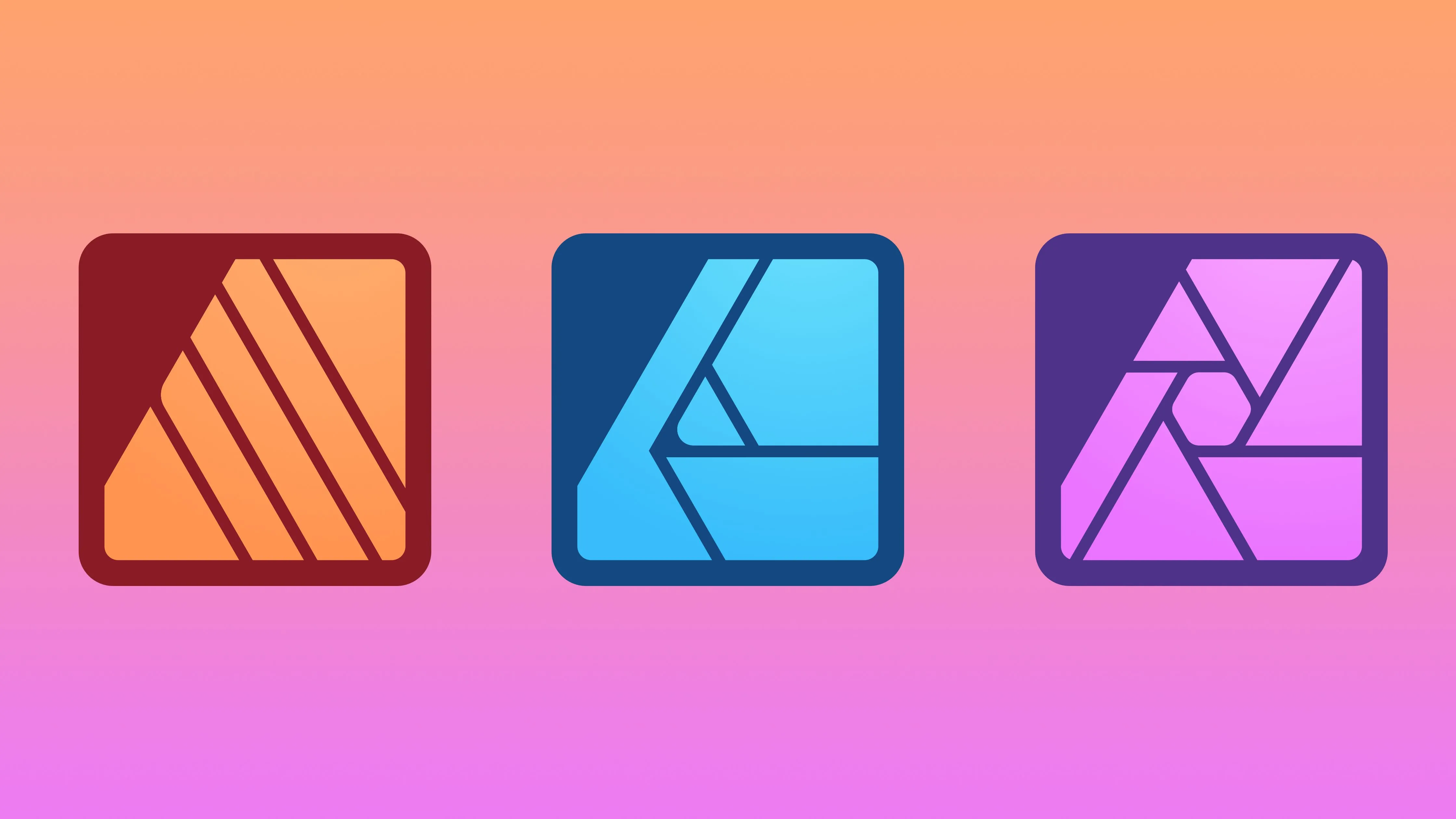 Biểu tượng ứng dụng Affinity Photo, Publisher và Designer đại diện cho bộ phần mềm sáng tạo thay thế Adobe
