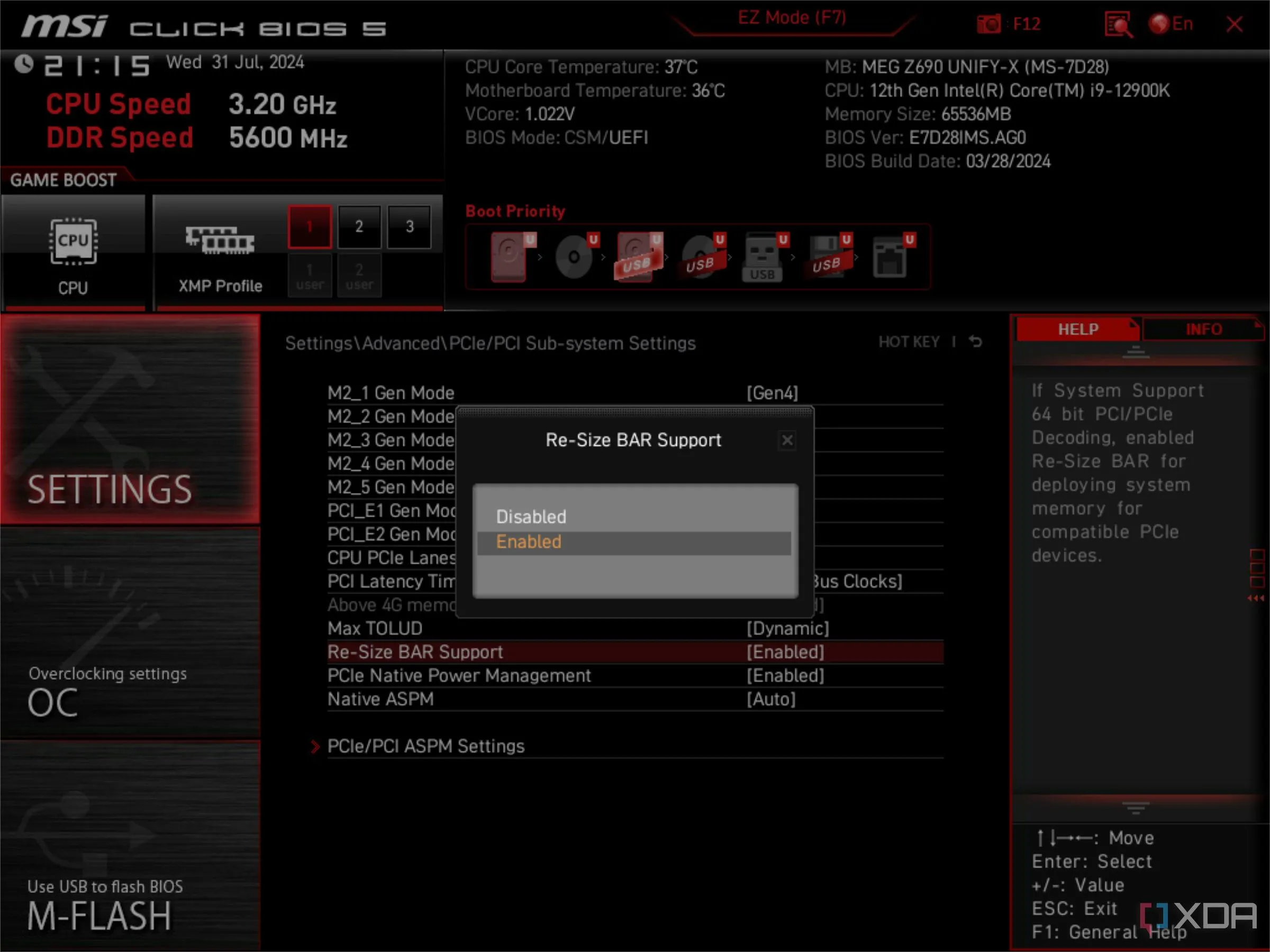 BIOS MSI hiển thị tùy chọn Resizable BAR