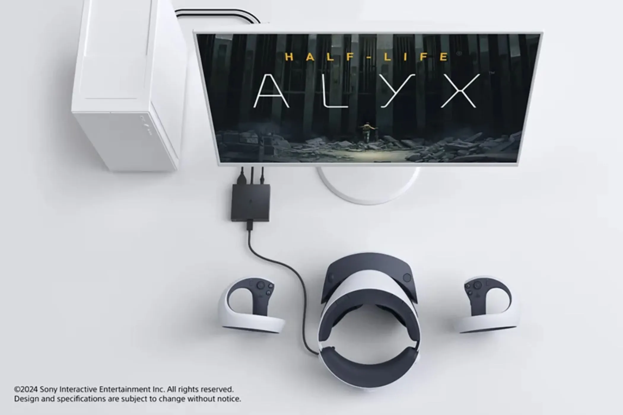Bộ chuyển đổi PlayStation VR2 PC kết nối với máy tính, đang hiển thị cảnh chơi Half-Life: Alyx, minh họa tính năng VR của tựa game.