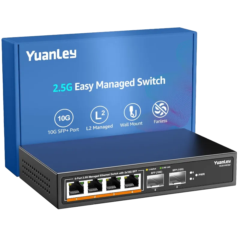 Bộ chuyển mạch mạng YuanLey 6 cổng 2.5G với các cổng RJ45 và SFP+