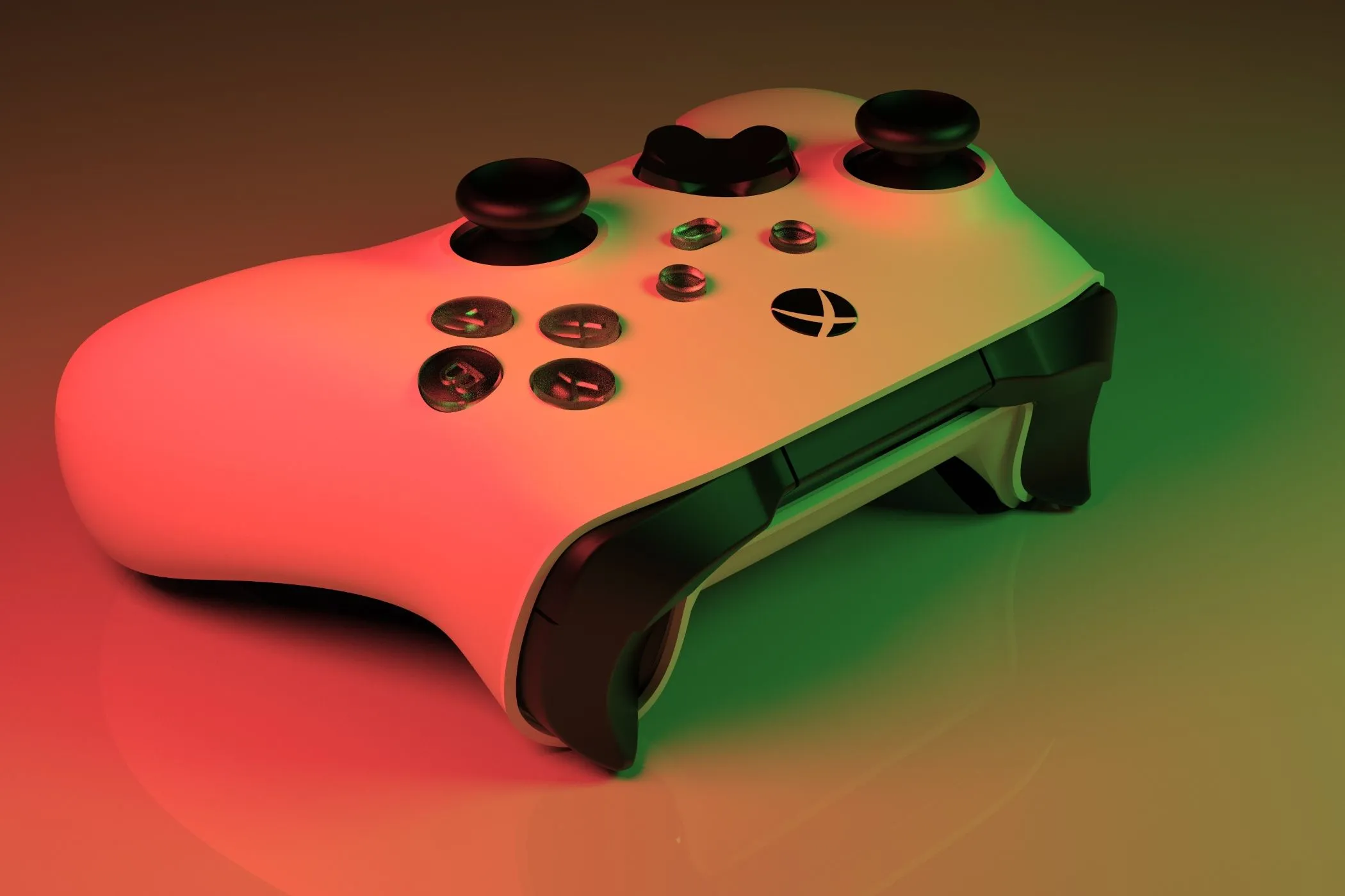 Bộ điều khiển Xbox Series X màu trắng dưới ánh sáng đỏ xanh, thể hiện sự tiện lợi của console gaming.
