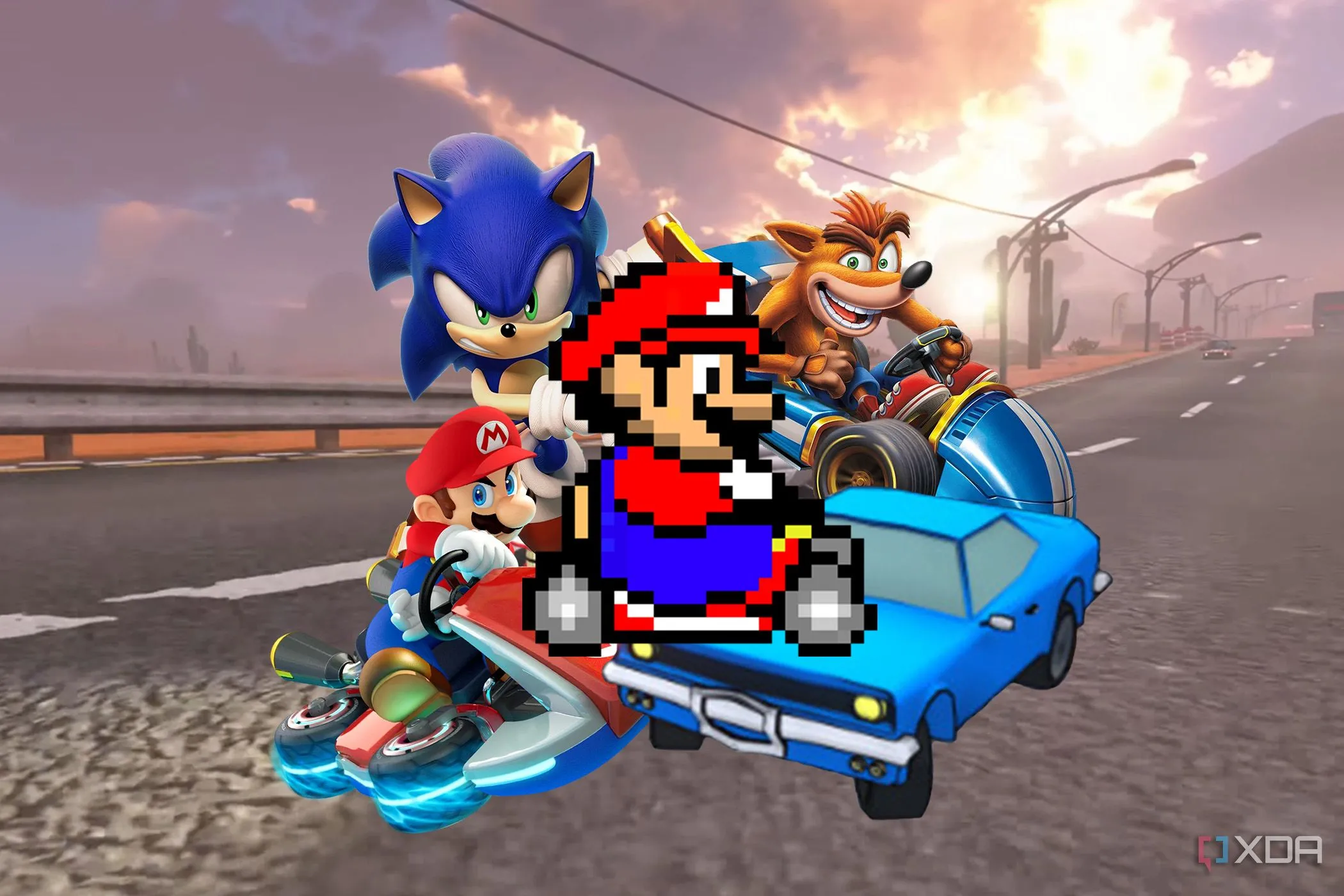 Bối cảnh đường đua Mario Kart World với các nhân vật quen thuộc như Sonic và Mario, liên tưởng đến game SNES huyền thoại
