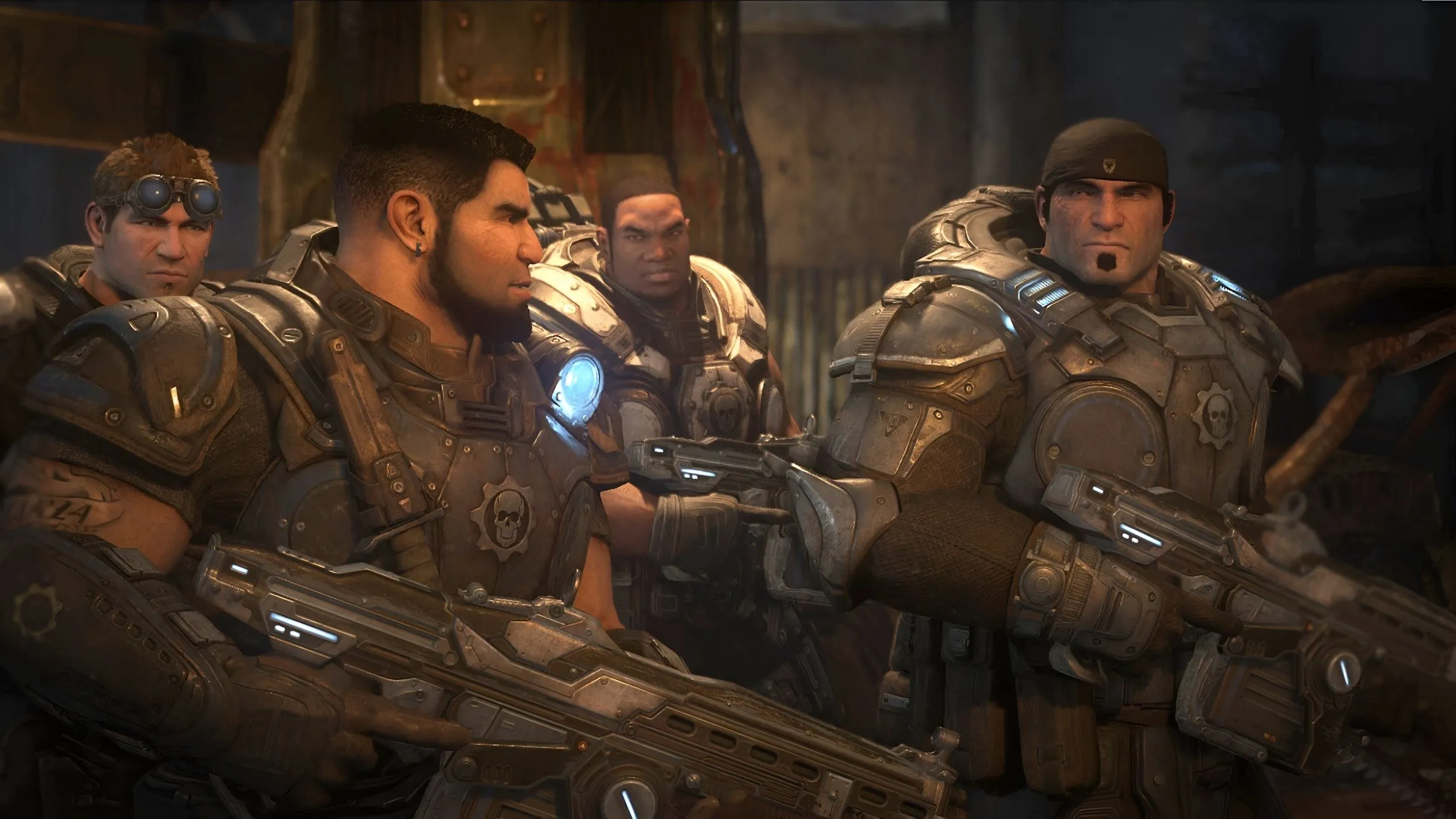 Bốn người đàn ông trong bộ giáp lớn, cồng kềnh và vũ khí hạng nặng nhìn nhau trong Gears of War: Ultimate Edition