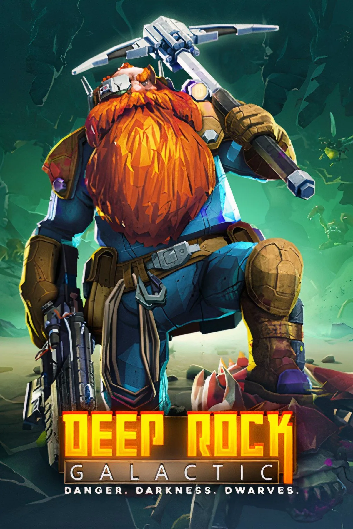 Bốn thợ mỏ không gian trong Deep Rock Galactic đang khai thác tài nguyên trong hang động ngoài hành tinh, thể hiện phong cách FPS co-op đầy hành động và yếu tố khoa học viễn tưởng.