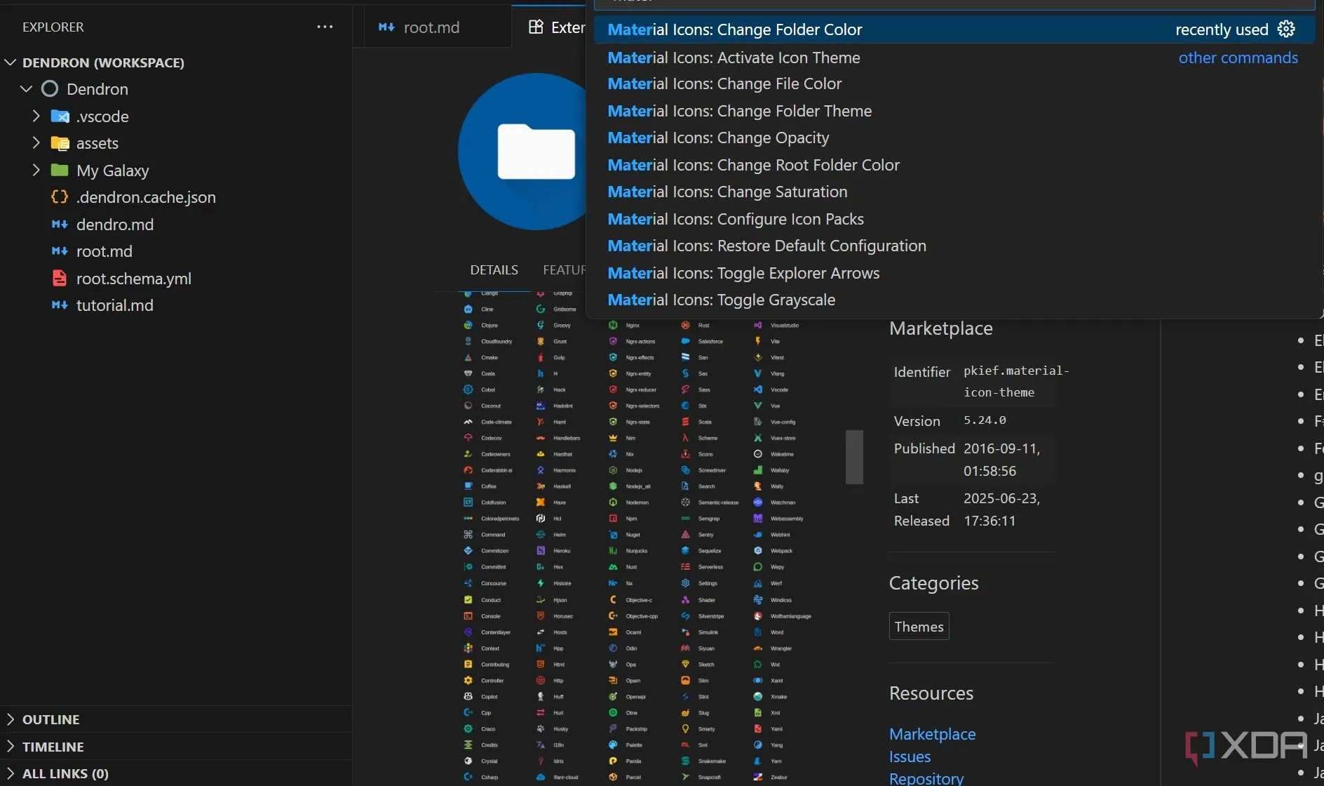 Các biểu tượng file và thư mục đầy màu sắc, trực quan được áp dụng bởi Material Icon Theme trong Visual Studio Code, cải thiện trải nghiệm người dùng.