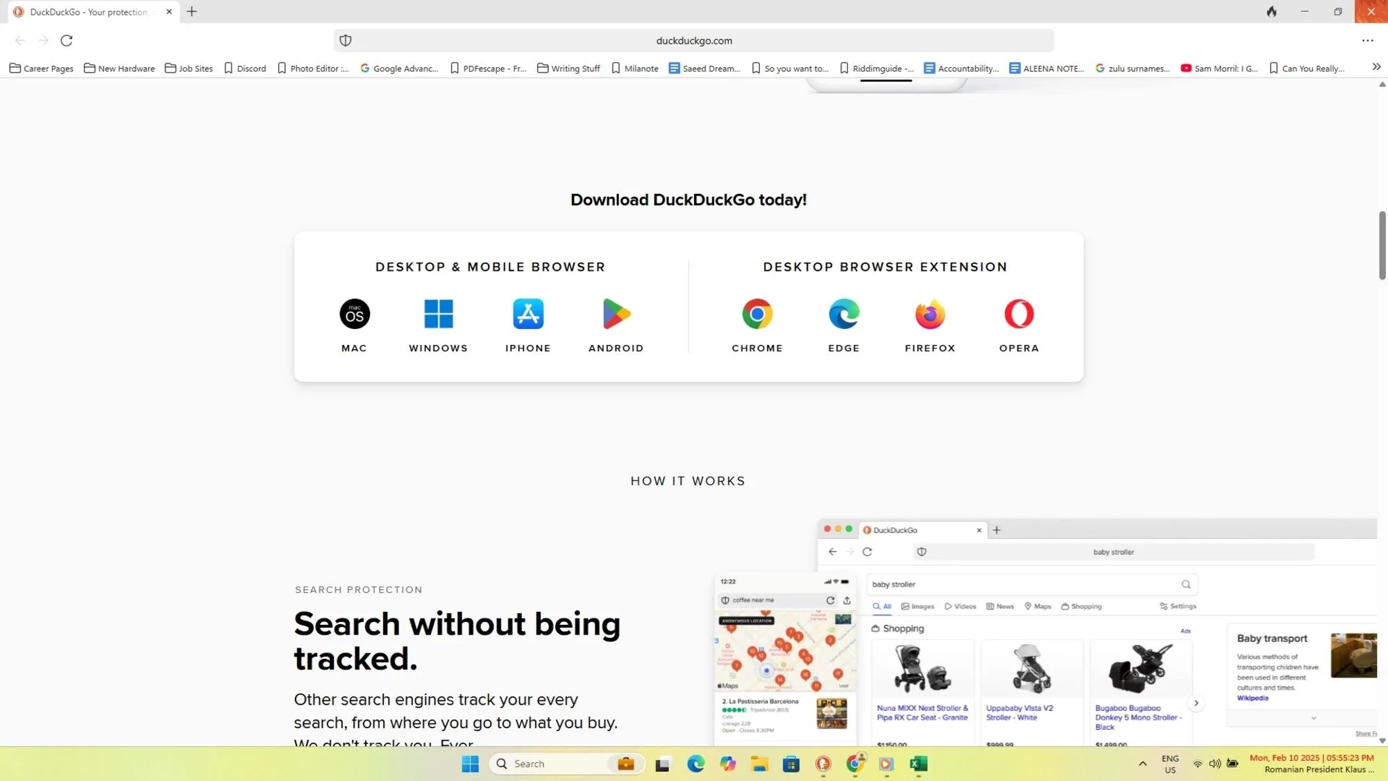 Các biểu tượng nền tảng hỗ trợ của DuckDuckGo, bao gồm Windows, macOS, Android và iOS