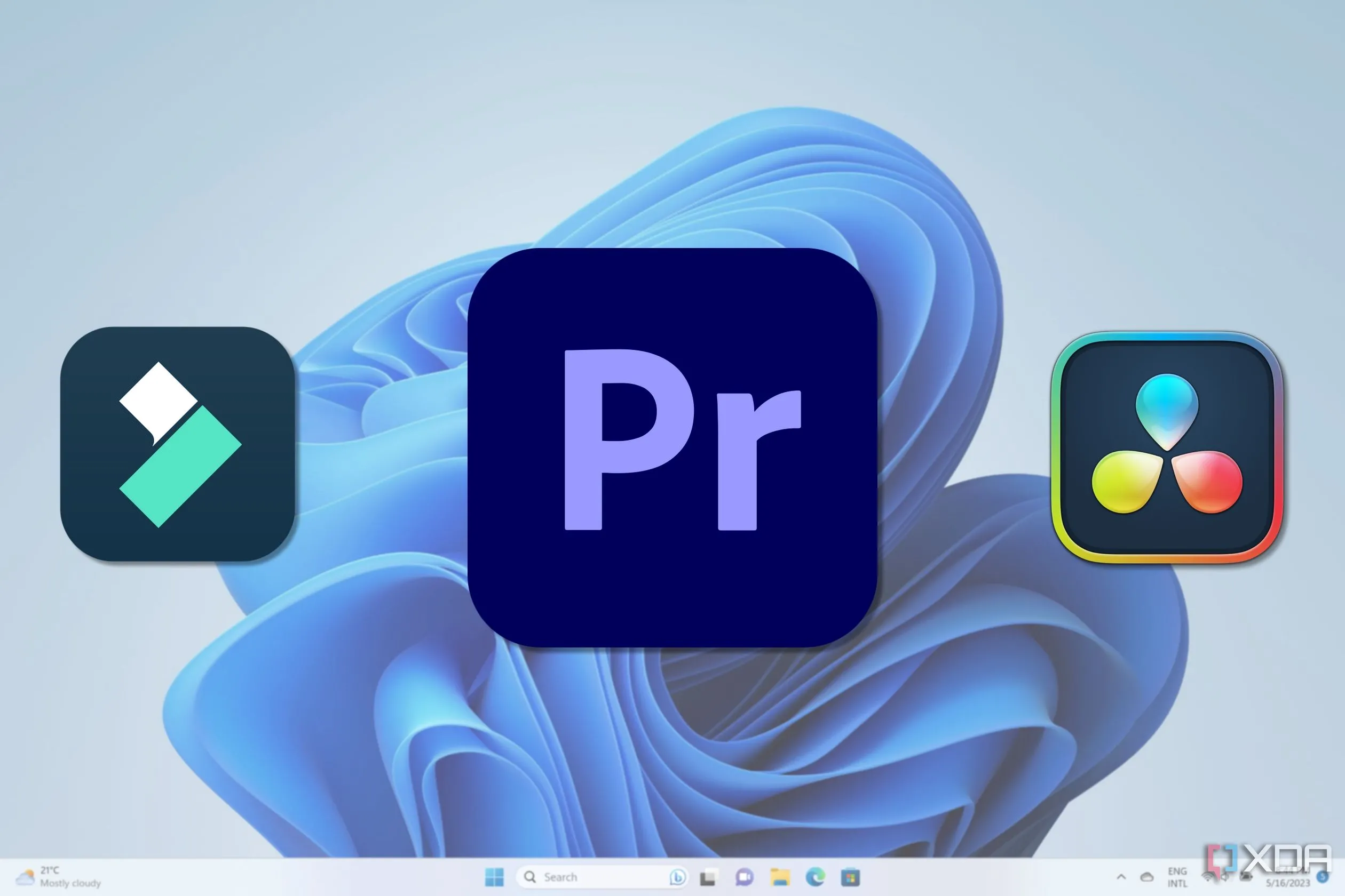 Các biểu tượng ứng dụng chỉnh sửa video trên Windows 11 bao gồm Adobe Premiere, DaVinci Resolve và Wondershare Filmora