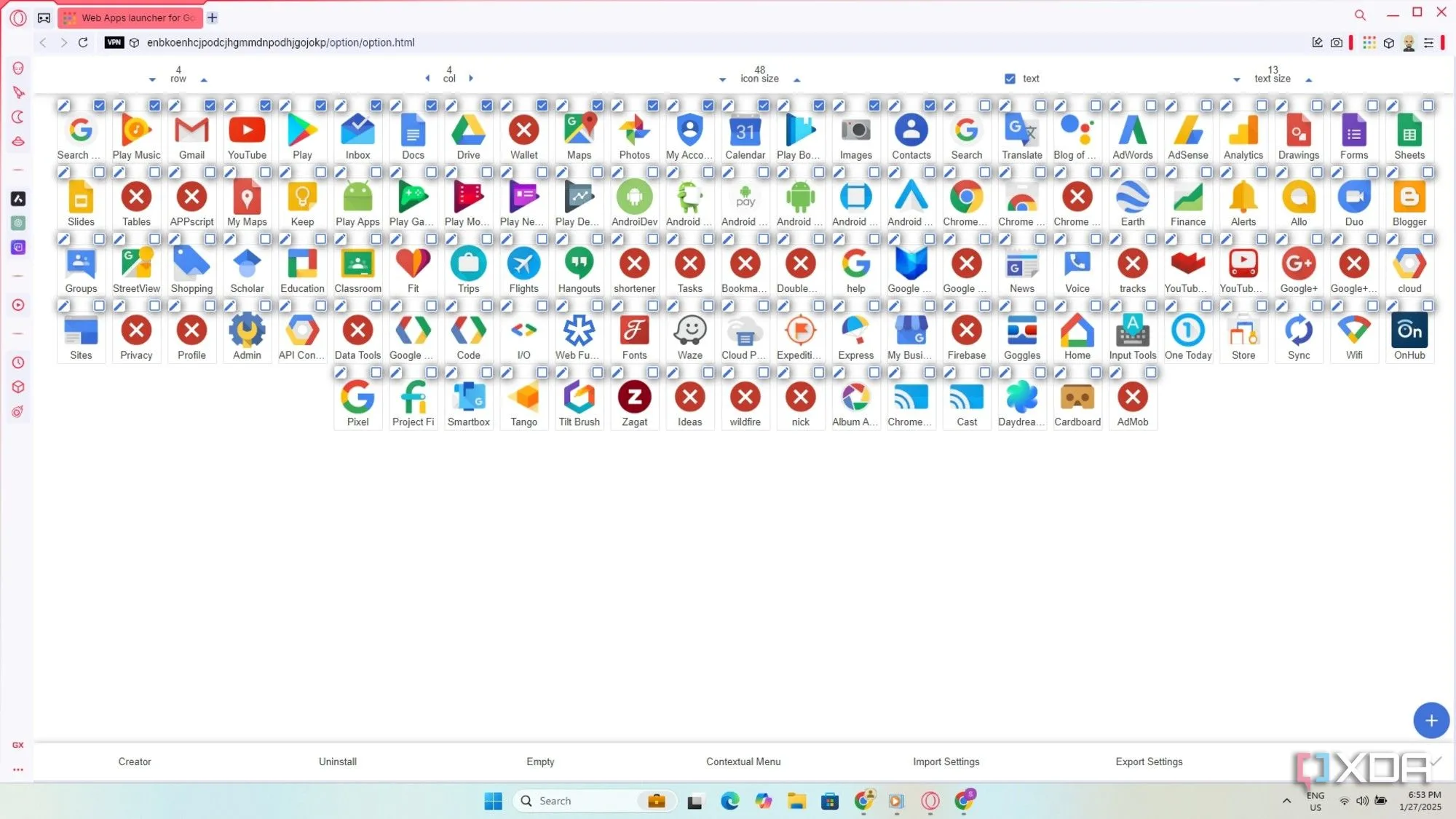 Các biểu tượng ứng dụng Google Workspace như Gmail, Drive hiển thị trên thanh sidebar của Opera GX