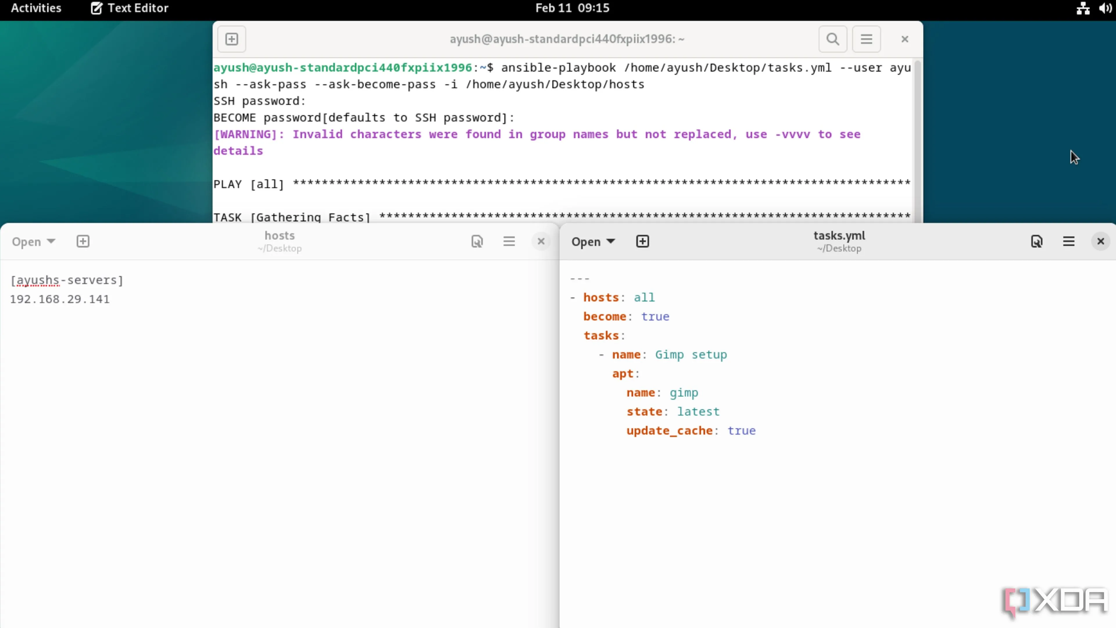Các file Playbook của Ansible và lệnh thực thi trong Terminal Linux, minh họa tự động hóa qua WSL2