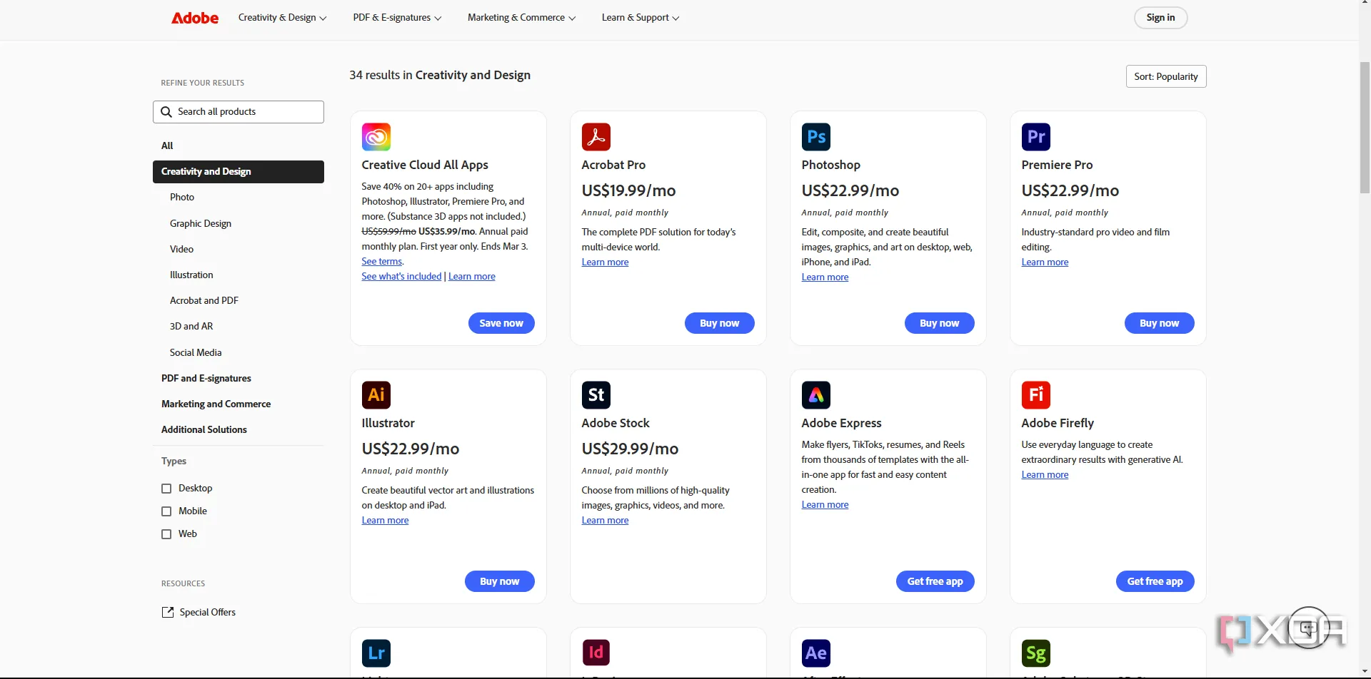 Các gói đăng ký và phần mềm Adobe minh họa chi phí cao