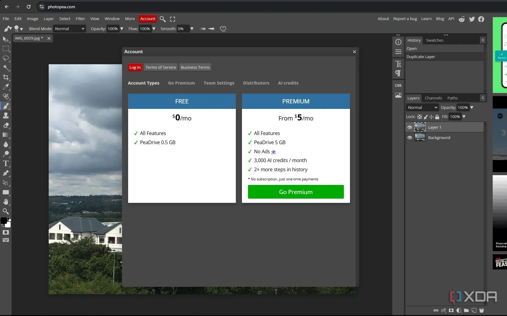 Các gói tùy chọn chi phí của Photopea, thể hiện sự tiết kiệm so với Photoshop