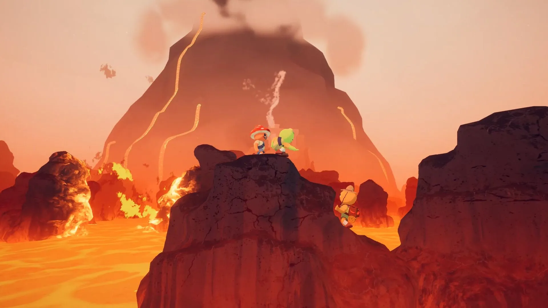 Các người chơi Peak khám phá khu vực dung nham đá núi lửa, cho thấy sự đa dạng địa hình