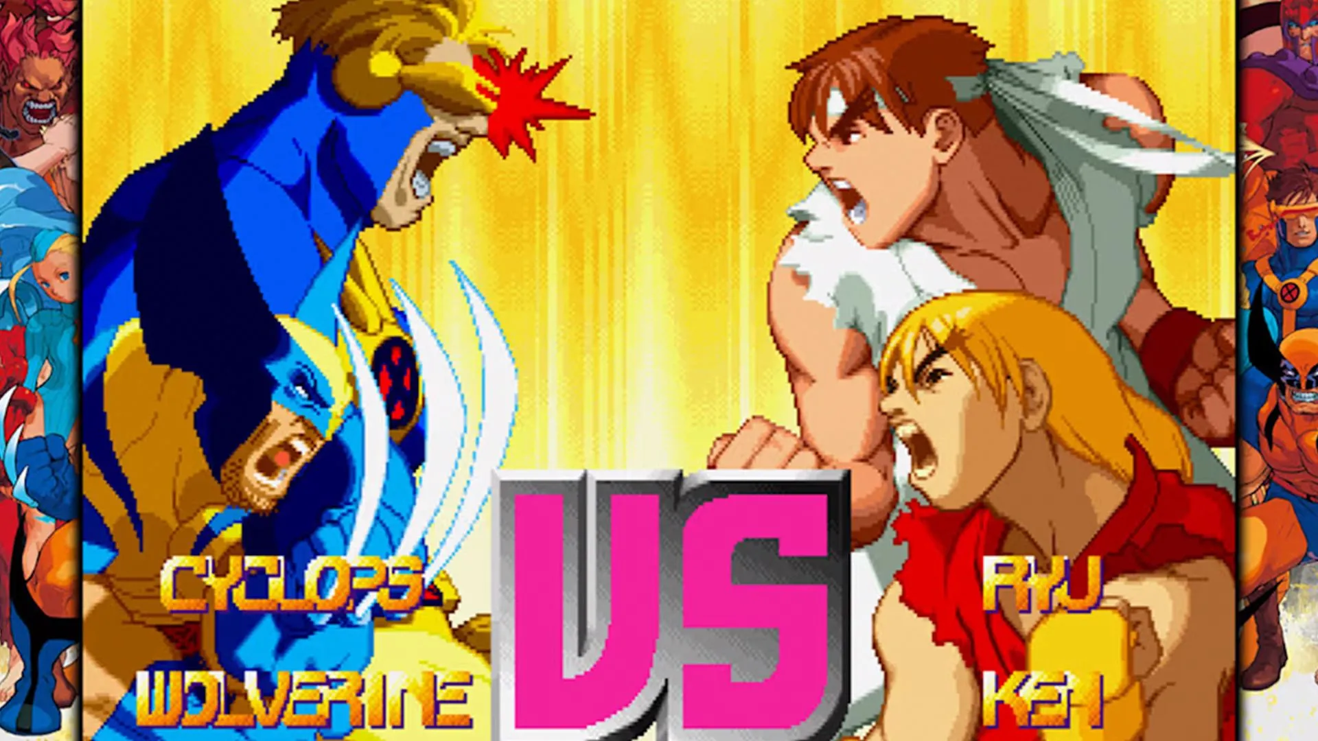 Các nhân vật biểu tượng Ryu, Ken, Wolverine và Cyclops trong game đối kháng Marvel vs Capcom