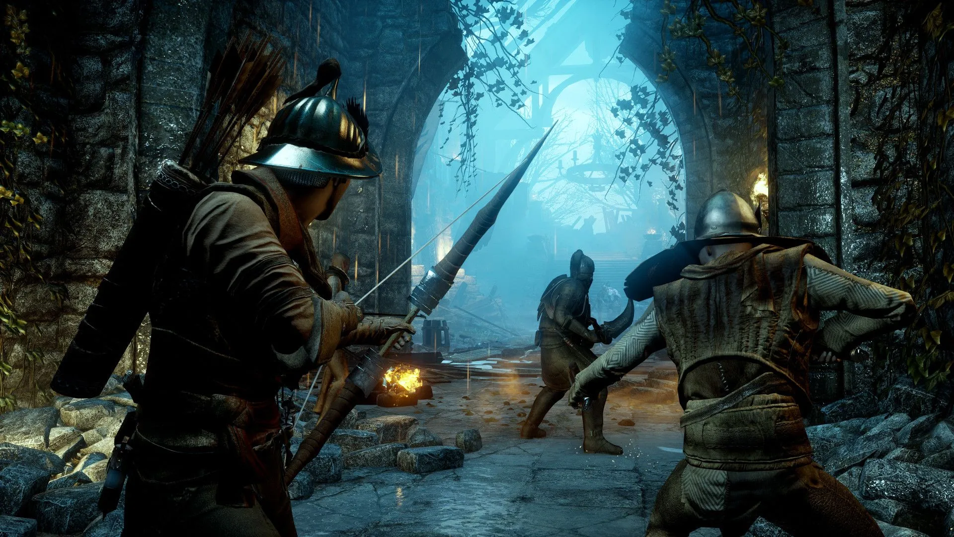 Các nhân vật đang chiến đấu với quái vật trong game RPG Dragon Age: Inquisition, thể hiện đồ họa đẹp mắt.