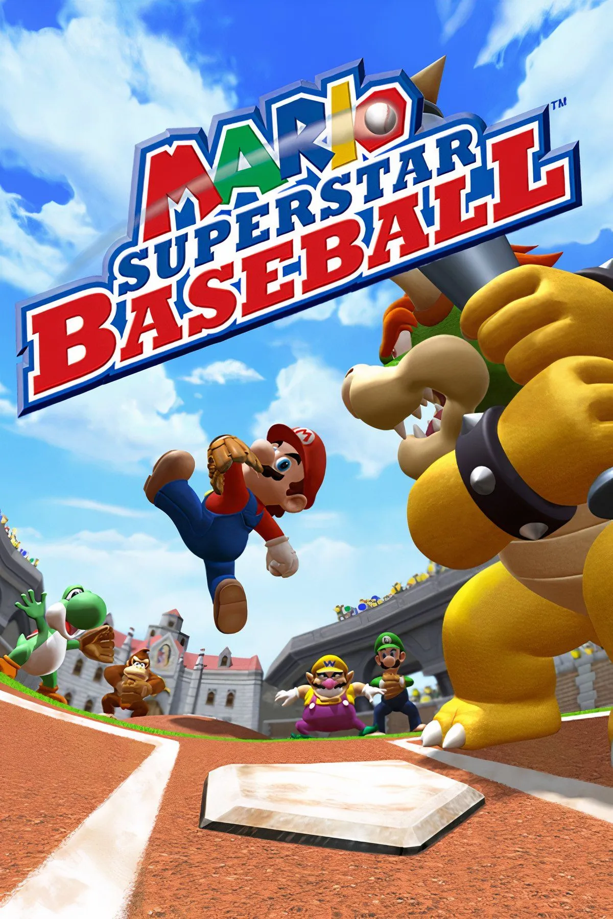 Các nhân vật Mario đang thi đấu trong game Mario Superstar Baseball trên Nintendo GameCube, một tựa game thể thao bóng chày vui nhộn.