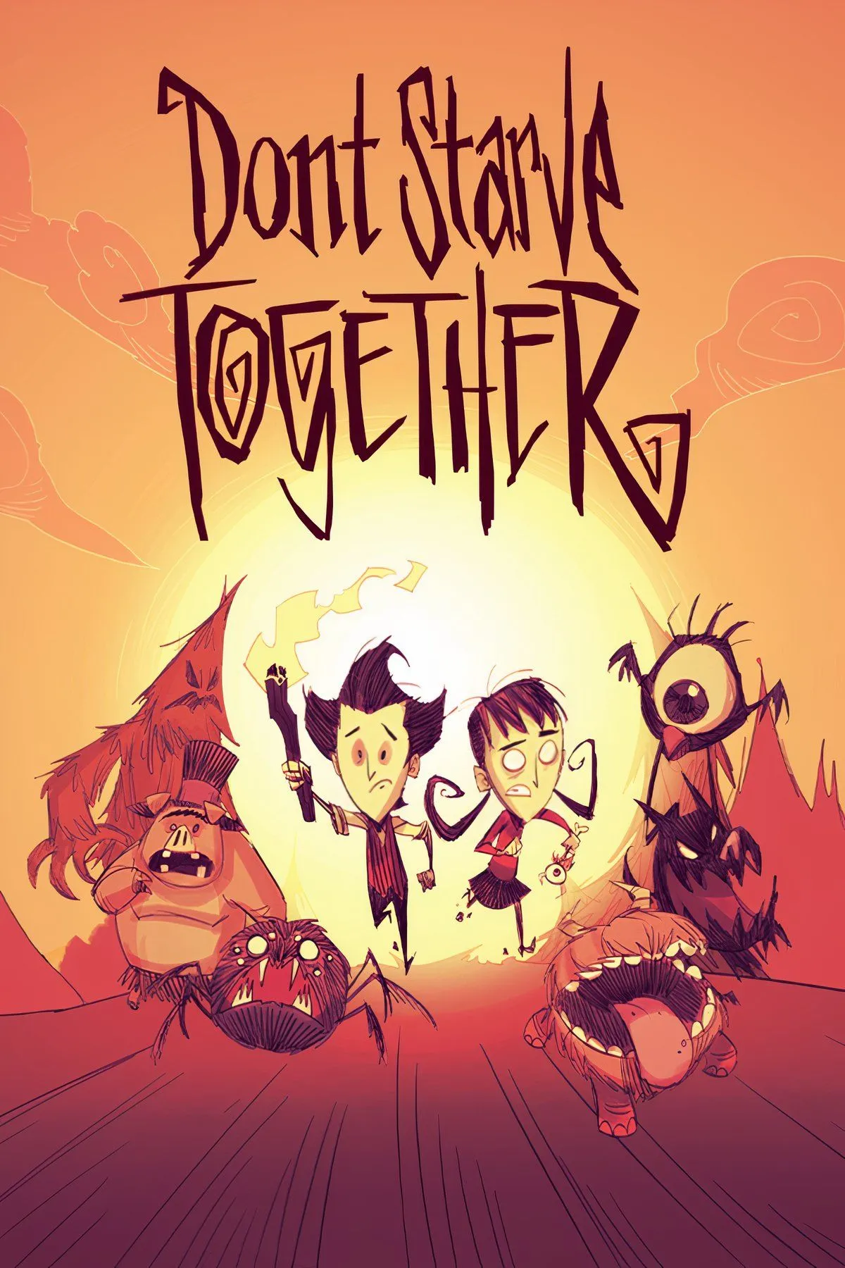Các nhân vật trong Don't Starve Together đang sinh tồn trong môi trường gothic kỳ lạ, chế tạo vật phẩm và đối mặt với nguy hiểm, minh họa lối chơi sinh tồn co-op độc đáo và nghệ thuật đồ họa riêng biệt.