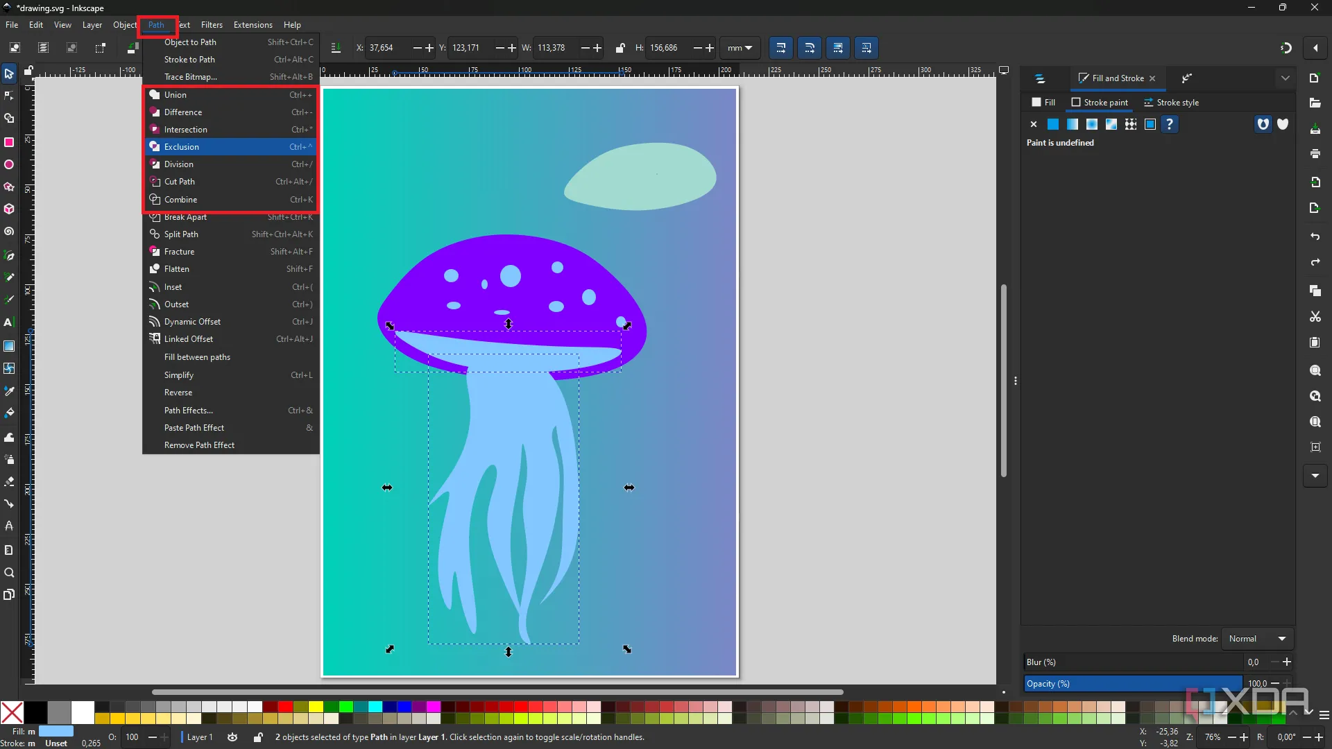Các thao tác Boolean trong Inkscape trên hai hình dạng chồng lấn, minh họa cách kết hợp và cắt hình