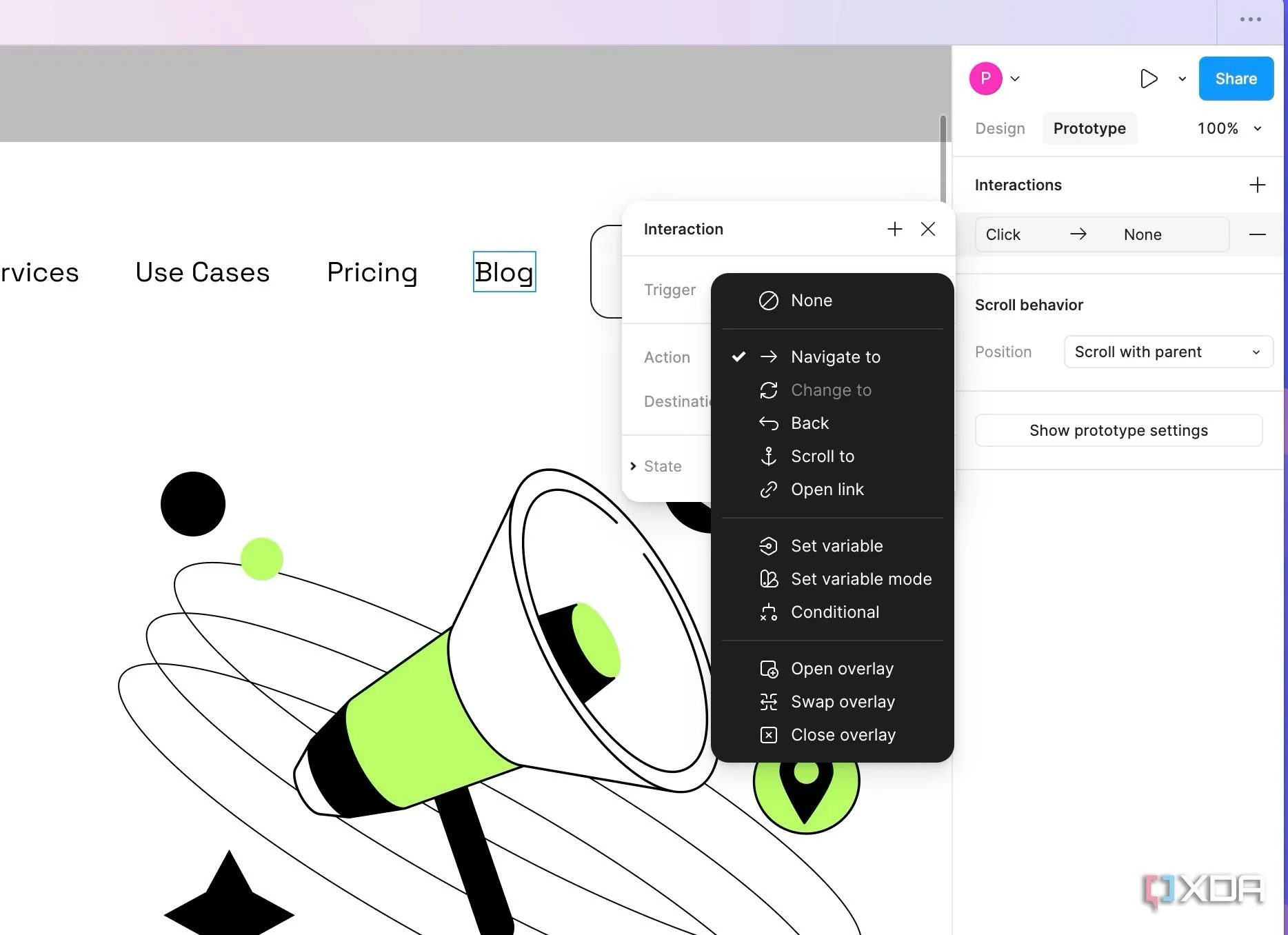 Các tùy chọn Action khi tạo prototype trong Figma như Navigate, Open overlay