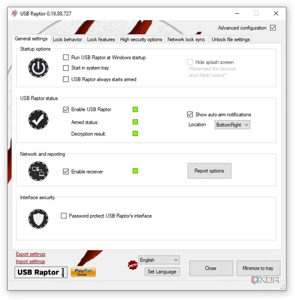 Các tùy chọn cài đặt nâng cao trong USB Raptor để khóa PC an toàn hơn