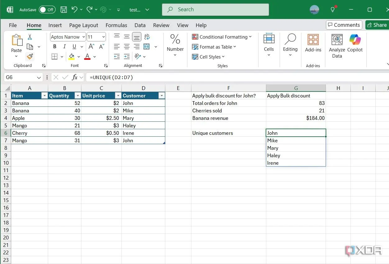 Cách sử dụng hàm UNIQUE trong Excel để lọc và trả về danh sách tên khách hàng không trùng lặp