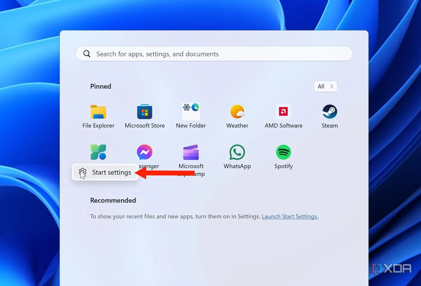 Cách truy cập nhanh cài đặt Start Menu trên Windows 11 bằng cách nhấp chuột phải vào một vùng trống trong Start Menu.
